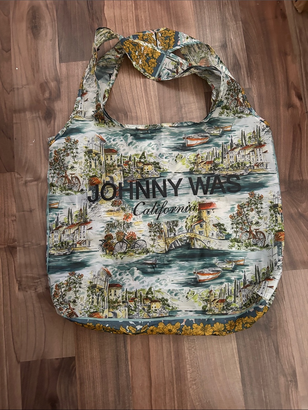 Johnny Was Scenic Print Messenger Bag in Blue, Green, Yellow